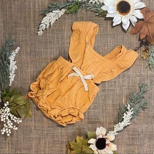 Boutique Crepe Blend Cotton Muslin Ruffle Sleeve Tieback Romper in Ginger